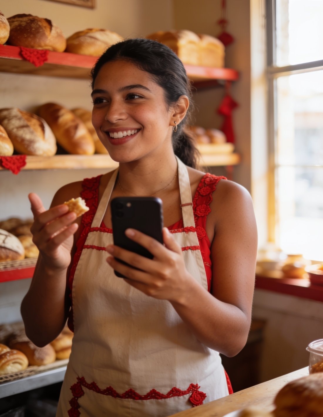 Emprendedora compartiendo un link de pago desde su celular