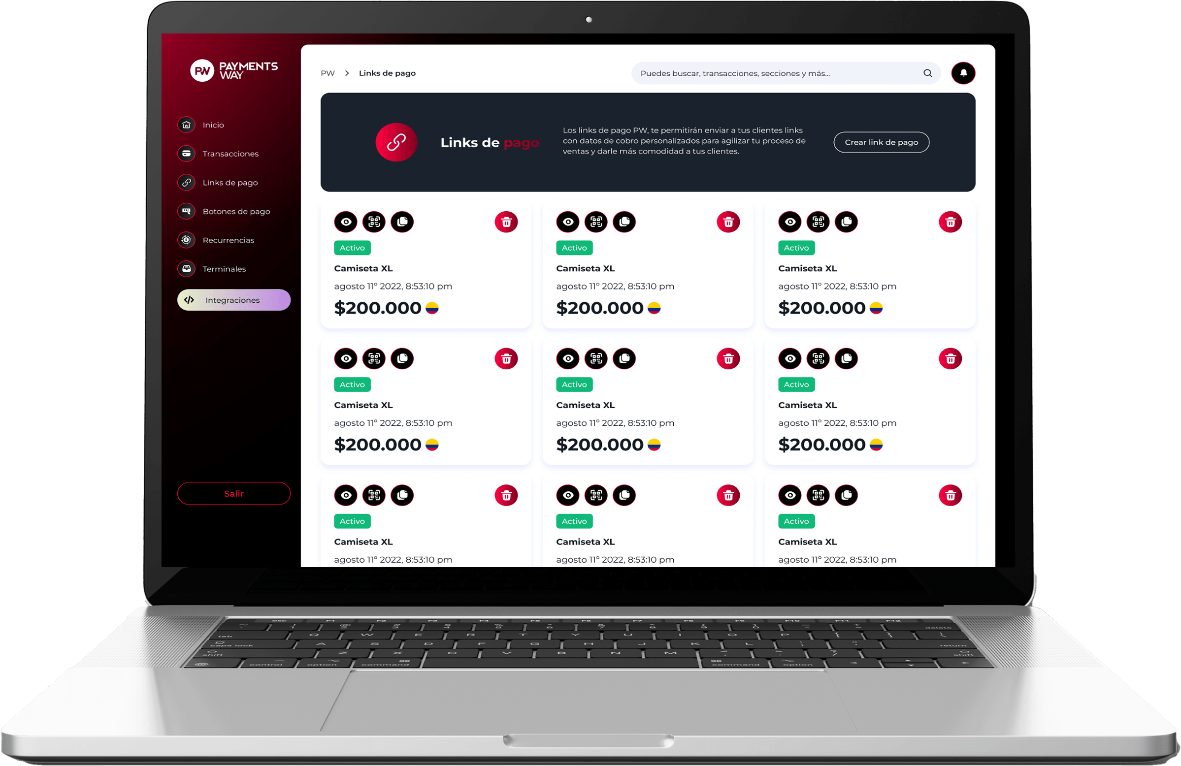 Dashboard Payments Way con la lista de links de pago
